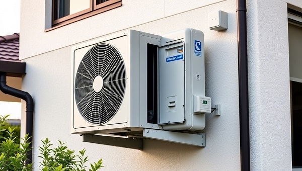 Een airconditioning hangt aan een huis